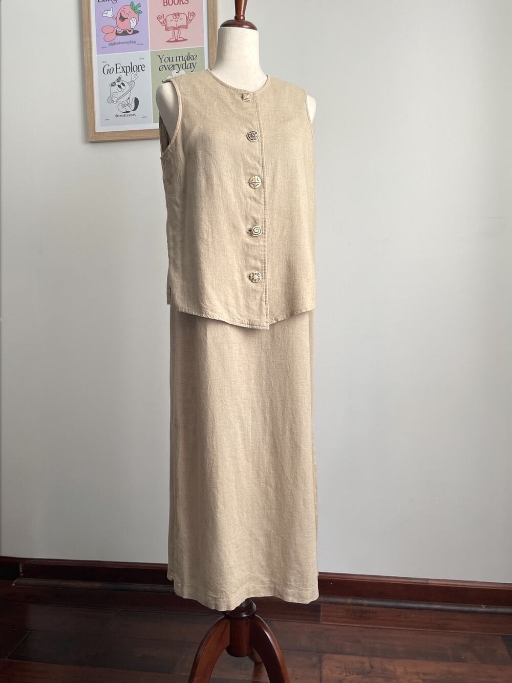 Vintage John Roberts 2-Piece Linen Maxi Dress Set Size 8 Cream Tan Vest Top Boho